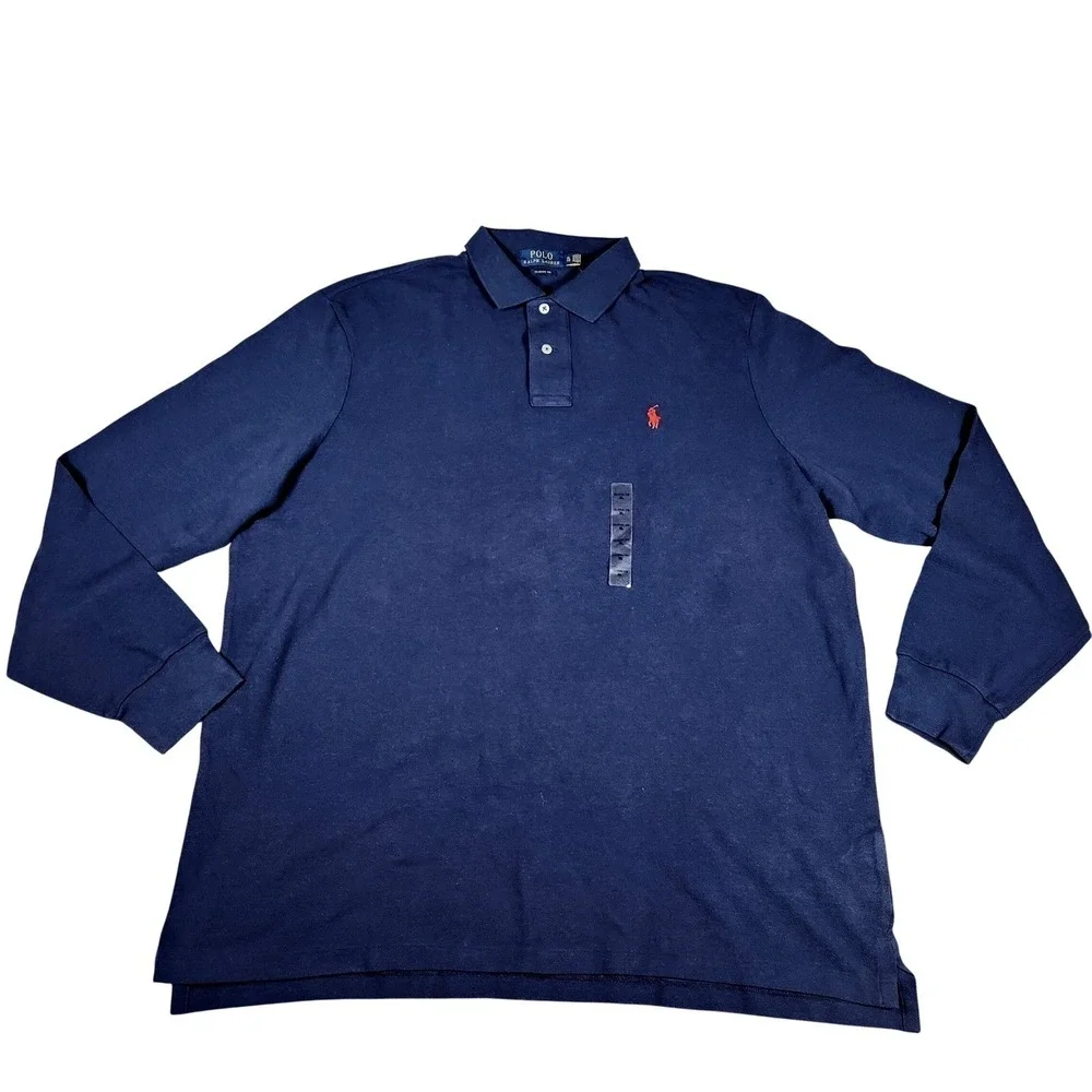 NWT Polo Ralph Lauren Mens Long Sleeve Polo Shirt Navy Blue Red Pony Mesh 2XL‎